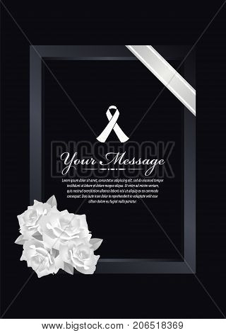 Funeral card - White ribbon sign and text banner in dark frame with white rose and white ribbon line on black background vector design