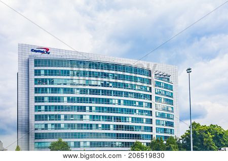 McLean USA - September 16 2017: Large Capital One Bank office building in Tyson's Corner in Virginia city with sign