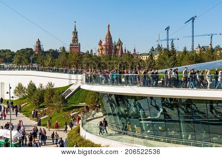Moscow, Russia - September 23. 2017. Tourists on observation deck in a new park Zaryadye.