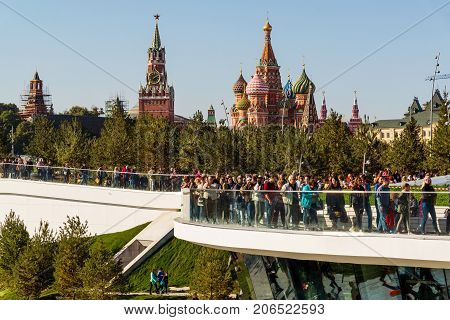 Moscow, Russia - September 23. 2017. Tourists on observation deck in a new park Zaryadye.