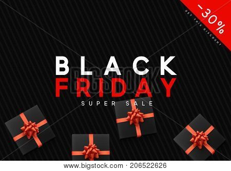 Black Friday sale, banner, poster advert. Card offert promotion design. Background black gift boxs with red bow.
