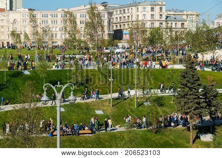 Moscow, Russia - September 23. 2017. Tourists walk in a new park Zaryadye
