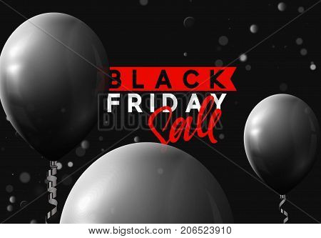 Black Friday sale, banner, poster advert. Card offert promotion design. Background lights bokeh and black air balloon