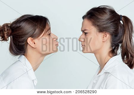 Studio profile portrait of young female twins sisters on gray