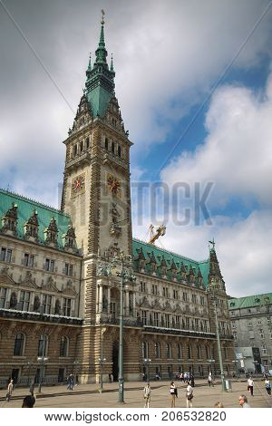 HAMBURG GERMANY - AUGUST 22 2016: View of Hamburg Rathaus (city hall) in the Altstadt (old city) Rathausmarkt in Hamburg Germany on August 22 2016.