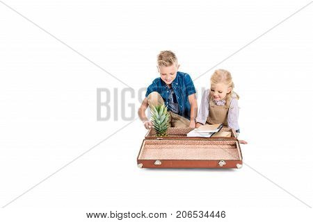Kids With Pineapple, Books And Suitcase