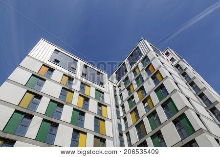 Swansea, UK: May 04, 2016: Dramatic angle of a high rise apartment building in Swansea University. Many of the students live on campus while studying for their degree.