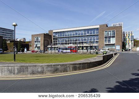 Swansea, UK: May 04, 2016: Fulton House is the main building at Swansea University Singleton Campus