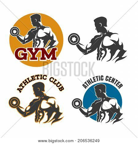 Gym or fitness emblems with bodybuilder holds dumbbel. Sport label or athletic club design element. Vector illustration.
