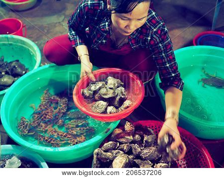 HO CHI MINH / VIETNAM - 05 OCTOBER 2017 - STREET PHOTOGRAPHY OF TRADITIONAL SEAFOOD MARKET IN CAN GIO ISLAND, HO CHI MINH, VIETNAM