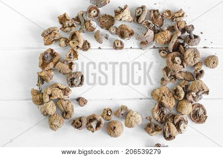 Dry Mushrooms Isolated On White Background. Selective Focus