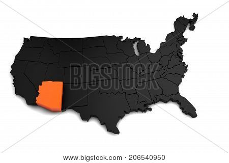 United States of America, 3d black map, with Arizona state highlighted in orange. 3d render