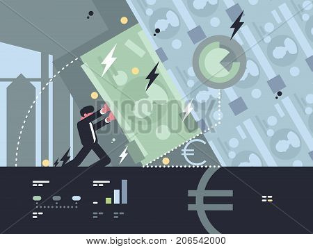 Collapse and fall of bank. Banker tries save bank from bankruptcy. Vector illustration
