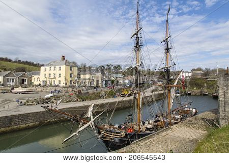 Charlestown, UK: April 12, 2016: The Phoenix is moored at Charlestown. She is a two masted Brig and has appeared in many films such as Ridley Scott's 1492. Built in Denmark in 1929