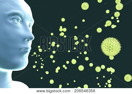 A person inhaling pollen grains, 3D illustration. Pollein is a factor causing hay fever and allergic rhinitis