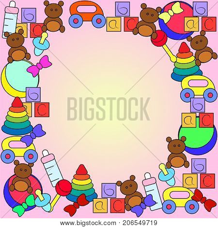 A variety of childrens toys. Collage with toys for baby girls and boys. Kids learning games.