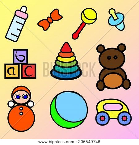 A variety of children toys. Collage with toys for baby girls and boys. Kids learning games.