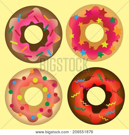Sweet donut set. The traditional culinary products isolated on pastries background. Cartoon style vector illustration