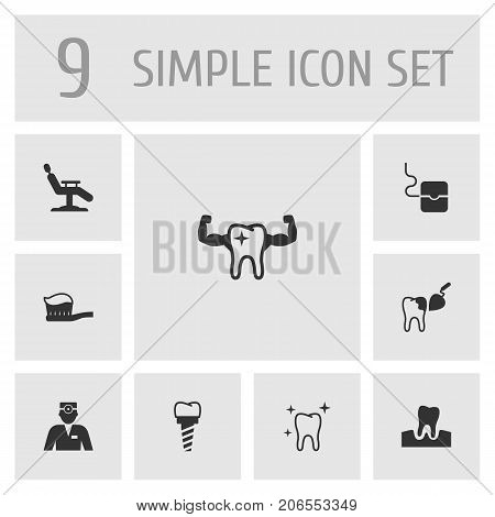 Collection Of Halitosis, Implantation, Armchair And Other Elements.  Set Of 9 Dental Icons Set.