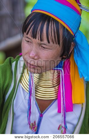 KAYAN STATE MYANMAR - SEP 09 : Portrait of Kayan tribe woman in Kayan state Myanmar on September 09 2017 Kayan tribe woman are well known for wearing neck rings.