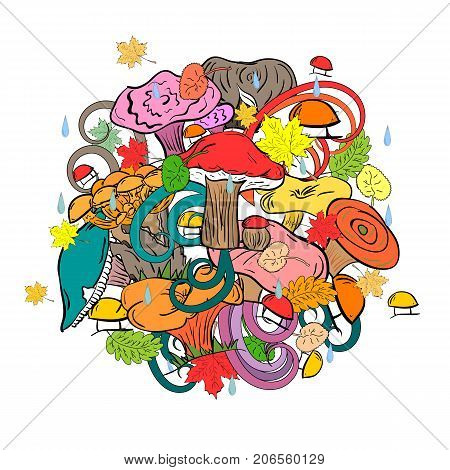 Hand Drawn Cute Edible Mushrooms Autumn Leaves and Drops Arranged in a Circle. Flat Style.Vector Illustration.