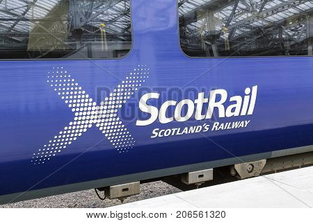 Edinburgh UK: May 26, 2016: ScotRail train waiting at Waverley Railway Station ScotRail refers to a number of Scottish rail corporations that have operated trains in Scotland under the ScotRail brand