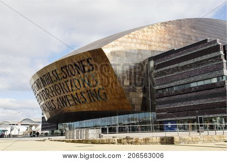 Cardiff, UK: March 10, 2016: Wales Millennium Centre is an arts, theatre and entertainment building located in the Cardiff Bay area of Wales. It was opened in 2004.