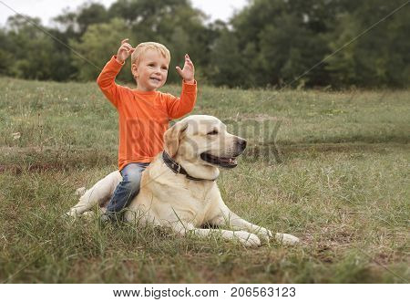 Little boy sits astride dog on walk in park. Copyspace