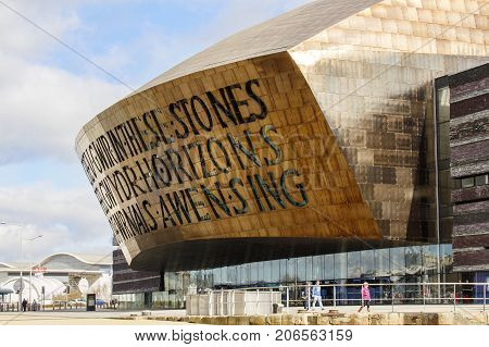 Cardiff, UK: March 10, 2016: Wales Millennium Centre is an arts, theatre and entertainment building located in the Cardiff Bay area of Wales. It was opened in 2004.