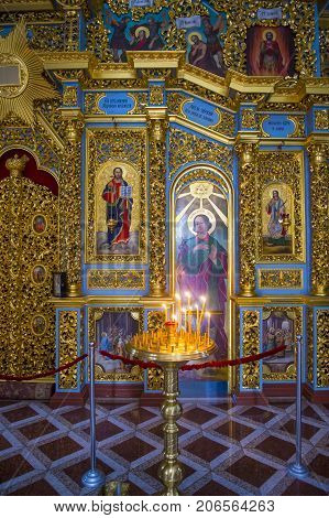 KIEV UKRAINE - JUNE 05 : The interior of the Pechersk Lavra monastery in Kiev Ukraine on June 05 2017 The Pechersk Lavra is unesco world heritage site since 1990