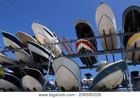 Boats stored non a storage rack at a marina in Key Biscayne ,Florida