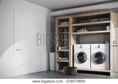 White And Wooden Laundry Room Interior Corner