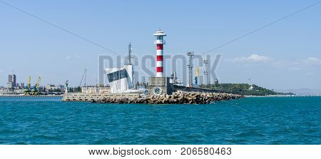 BURGAS BULGARIA - AUGUST 20 2017: Lighthouse control tower of the seaport of Burgas. Burgas is the second largest city on the Bulgarian Black Sea Coast.