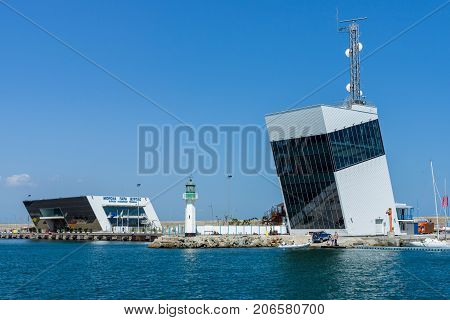 BURGAS BULGARIA - AUGUST 20 2017: Passenger terminal control tower of the seaport of Burgas. Burgas is the second largest city on the Bulgarian Black Sea Coast.