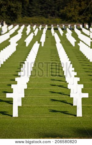 The American military cemetery Henri-Chapelle near Aubel in Belgium with white crosses in rows.