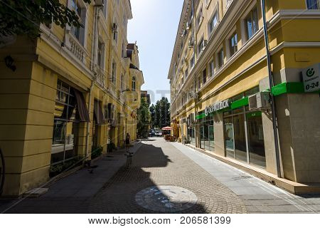 BURGAS BULGARIA - AUGUST 20 2017: Lane and office of DSK Bank (State Savings Bank). DSK Bank - is a major Bulgarian bank.