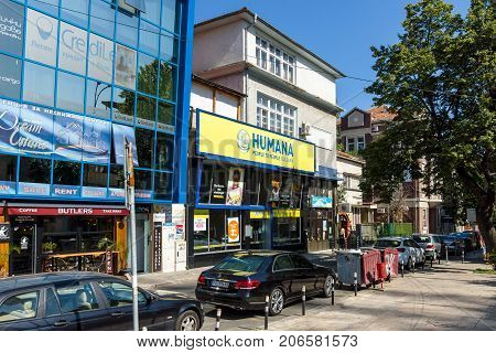 BURGAS BULGARIA - AUGUST 20 2017: Second-hand clothing store - Humana. Burgas is the second largest city on the Bulgarian Black Sea Coast.