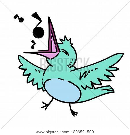 Bird singing, hand drawn cartoon. Colorful artwork with color on separate layer.