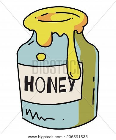 Honey jar cartoon hand drawn image. Original colorful artwork, comic childish style drawing.