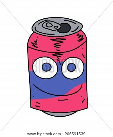 Soda can character cartoon hand drawn image. Original colorful artwork, comic childish style drawing.