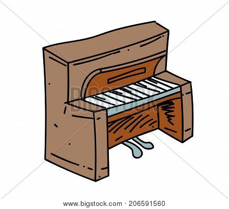 Piano cartoon hand drawn image. Original colorful artwork, comic childish style drawing.