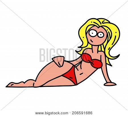 Woman in bikini cartoon hand drawn image. Original colorful artwork, comic childish style drawing.