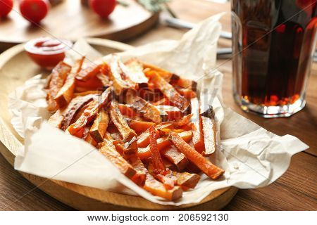 Sweet potato fries on table