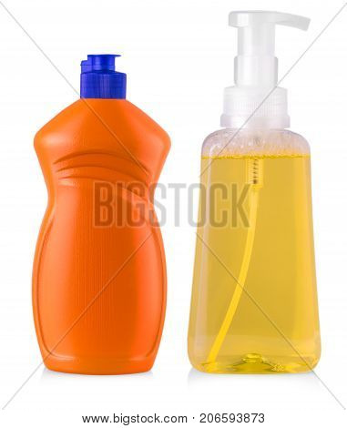 orange plastic bottles with liquid laundry detergent cleaning agent bleach or fabric softener isolated on white background