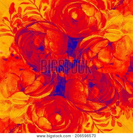 Painting art watercolor landscape original orangeyellow color of the roses and emotion beauty in nature or yellow sky background. Hand painted illustration.