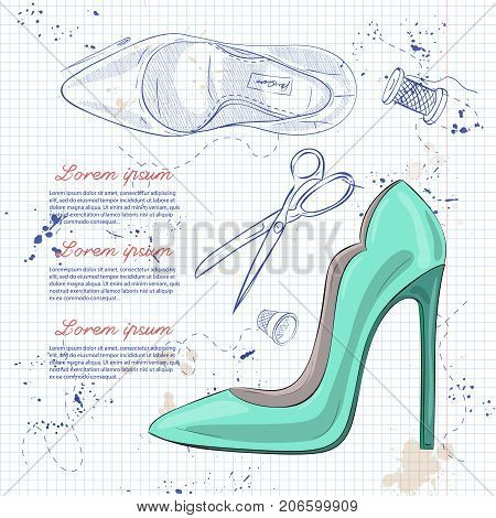 Vector sketch womens stiletto patent leather pumps on a notebook page