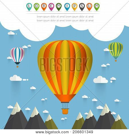hot air balloon in the sky over moutain/ illustration / background/ greeting card vector illustration.