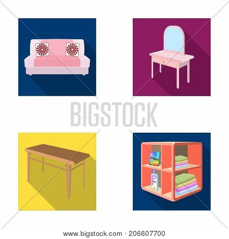 Soft sofa, toilet make-up table, dining table, shelving for laundry and detergent. Furniture and interior set collection icons in flat style isometric vector symbol stock illustration .