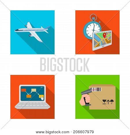 Transport aircraft, delivery on time, computer accounting, control and accounting of goods. Logistics and delivery set collection icons in flat style isometric vector symbol stock illustration .