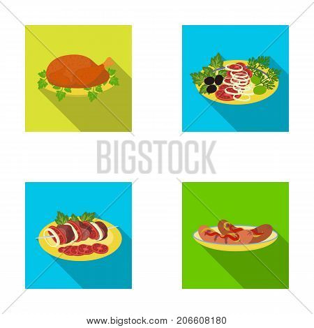 Fried chicken, vegetable salad, shish kebab with vegetables, fried sausages on a plate. Food and Cooking set collection icons in flat style vector symbol stock illustration .